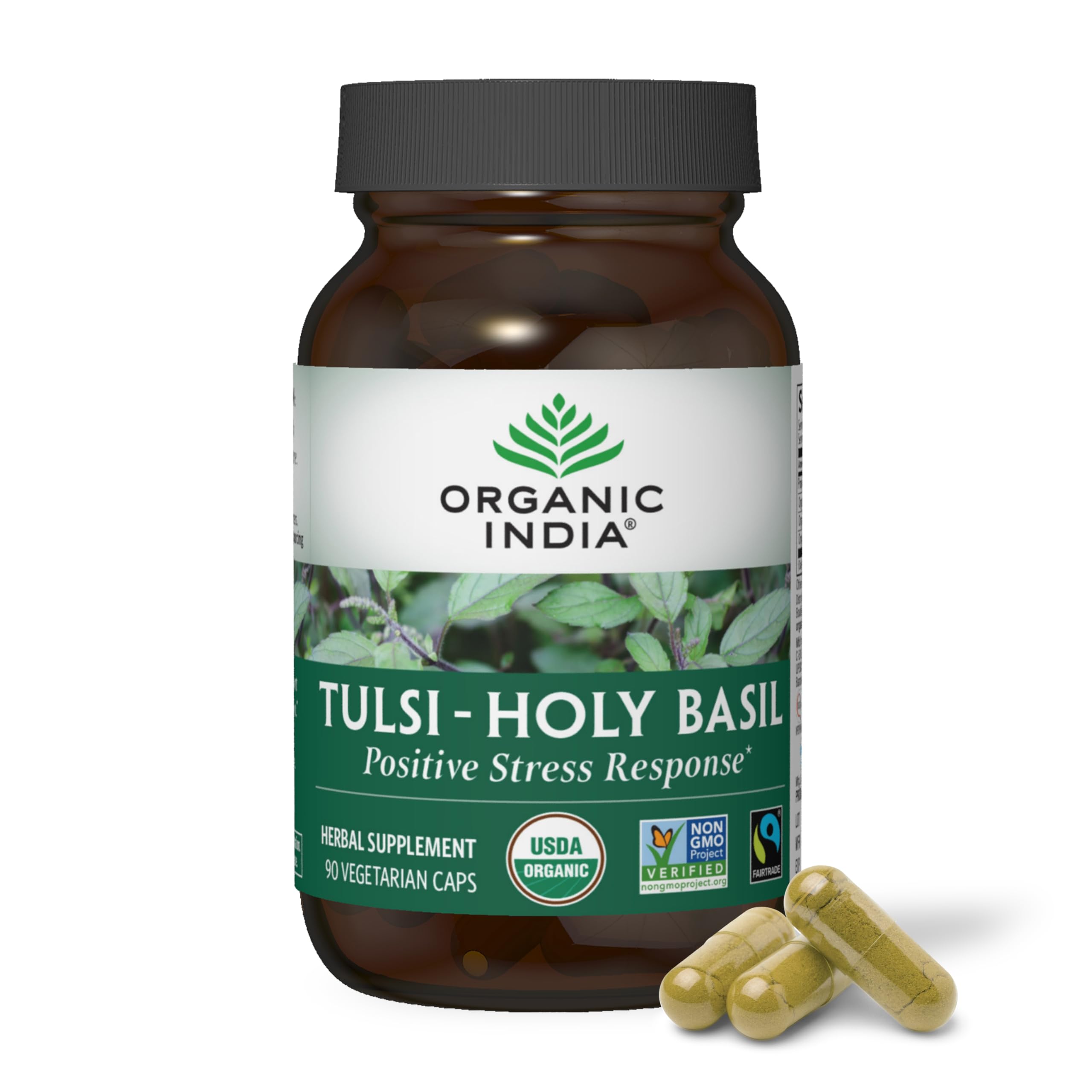 Organic India Tulsi Holy Basil Capsules bottle with label