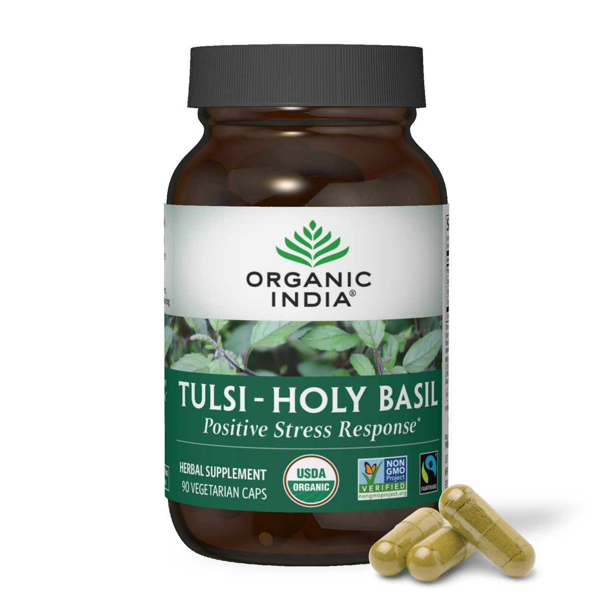 Organic India Tulsi Holy Basil Capsules bottle with label