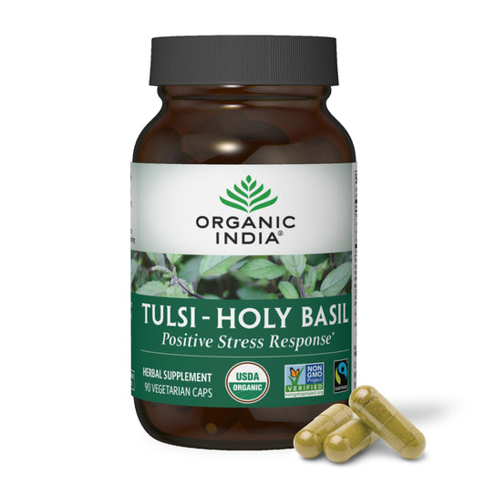 Organic India Tulsi Holy Basil Capsules bottle with label