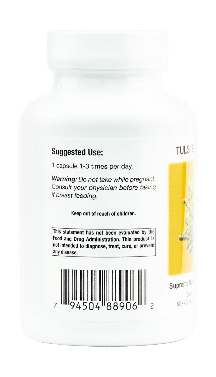 Bottle of Tulsi Supreme Holy Basil capsules with cap
