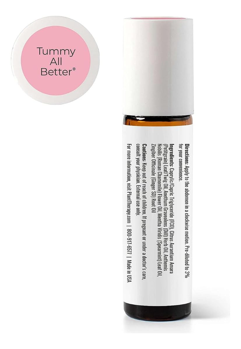 Digestive support roll-on blend with Petitgrain, Dill Weed, Roman Chamomile, Spearmint, and Ginger