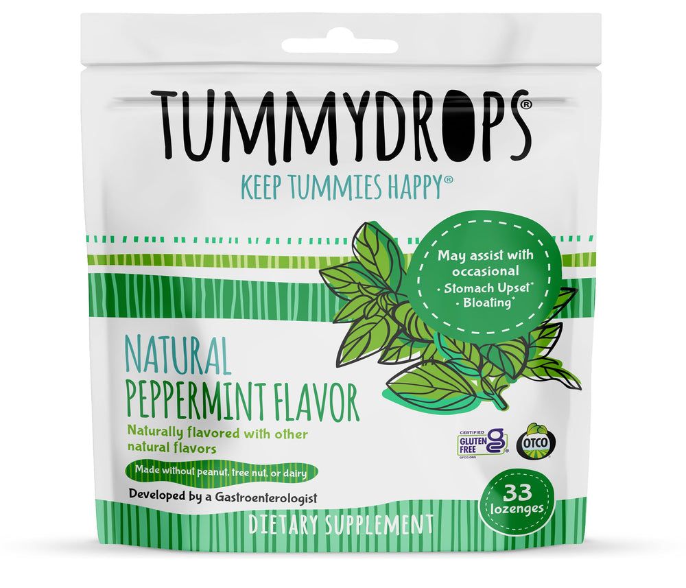Tummydrops packaging shows gluten-free organic peppermint lozenges.