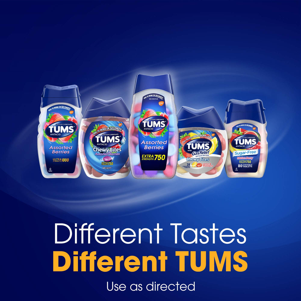 TUMS EX Assorted Berries flavor closeup highlights berry-tasted chewables