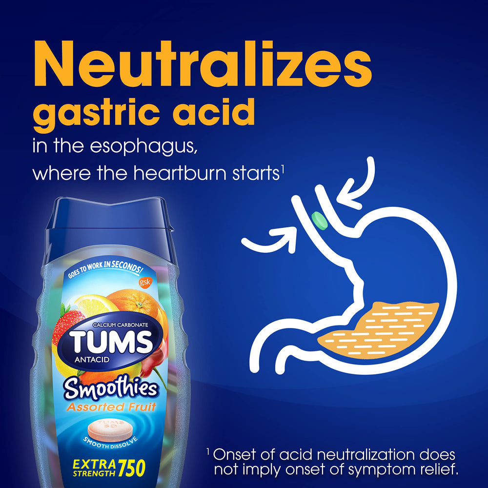 TUMS Smoothies 140-count bottle signals long-lasting supply and travel readiness.