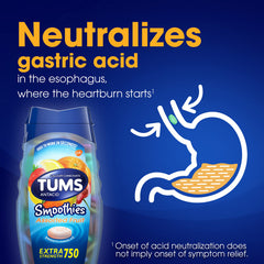 TUMS Smoothies 140-count bottle signals long-lasting supply and travel readiness.