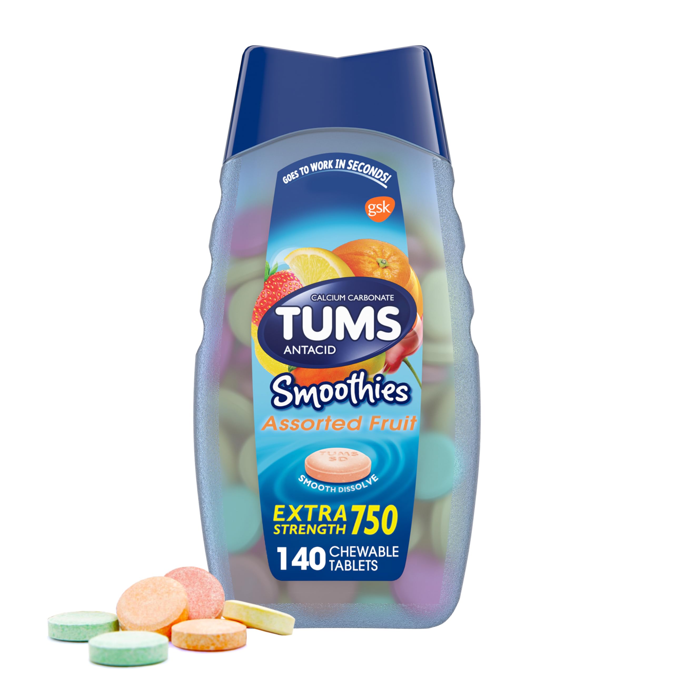 TUMS Smoothies bottle-front featuring fruit chewables for fast heartburn relief on the go.