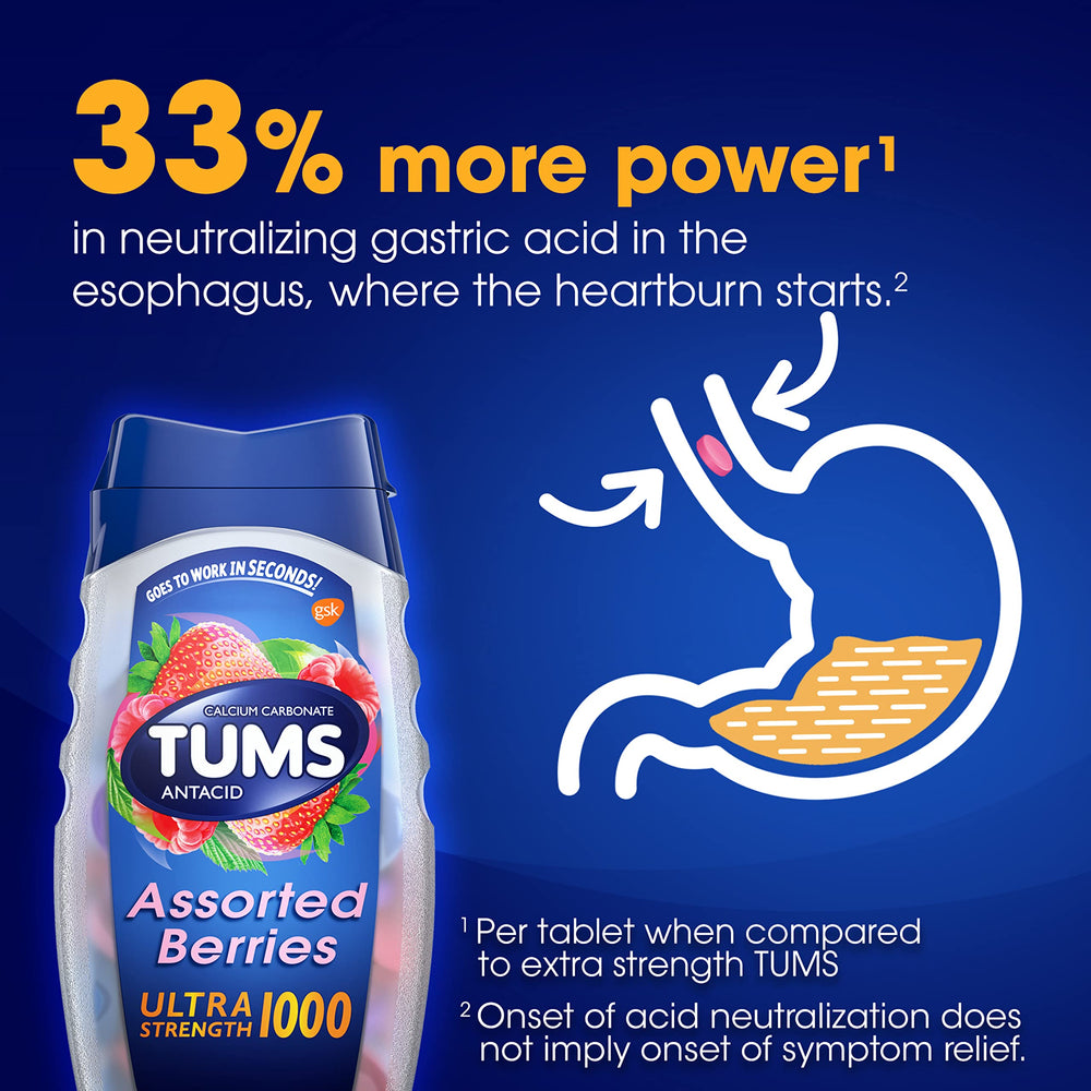 TUMS Ultra Strength 12-roll pack displays easily accessible heartburn relief for home, car, or office.