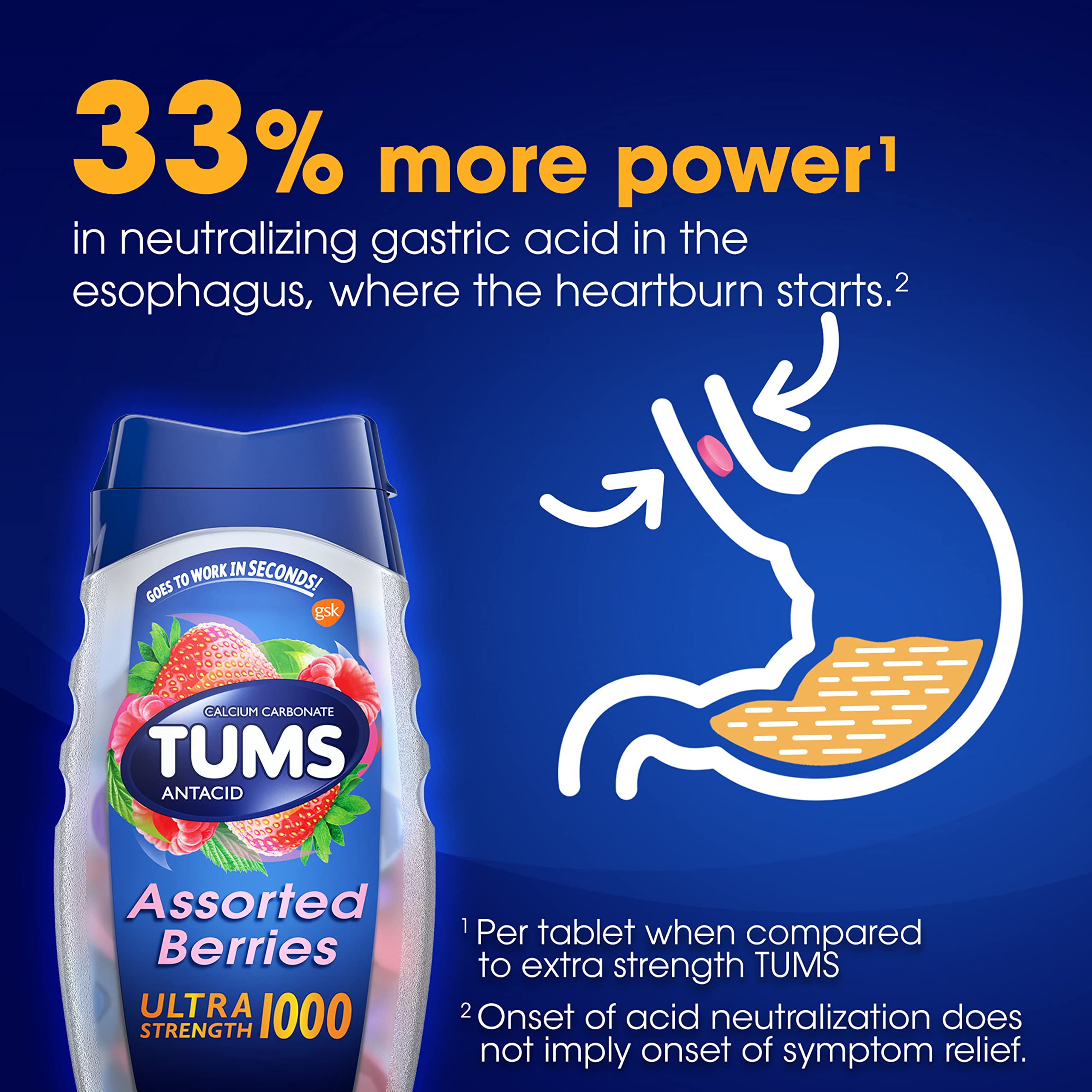 TUMS Ultra Strength 12-roll pack displays easily accessible heartburn relief for home, car, or office.