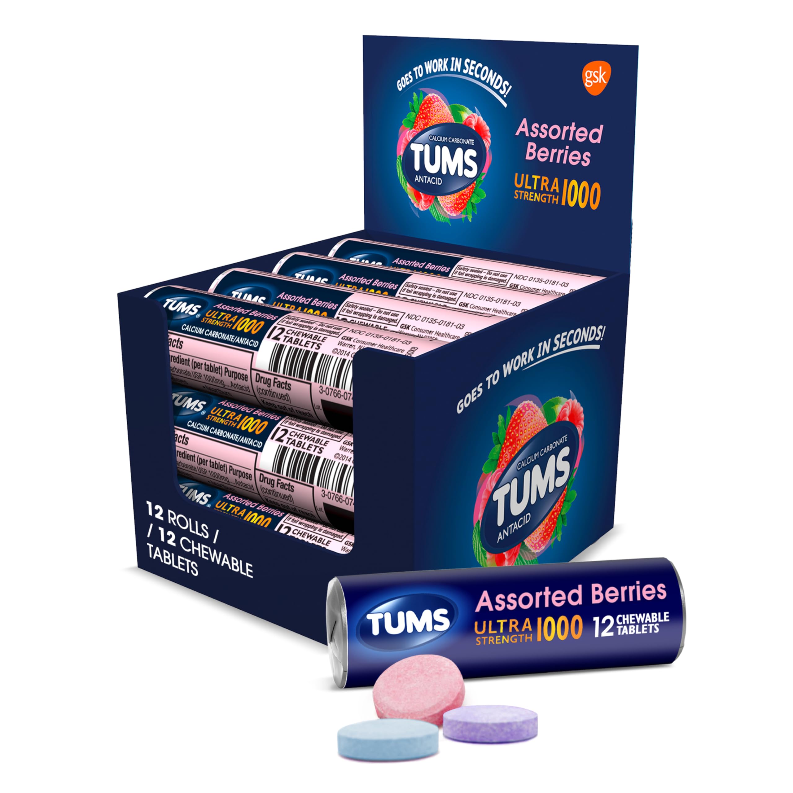 TUMS Ultra Strength bottle with assorted berry flavor provides fast chewable heartburn relief.