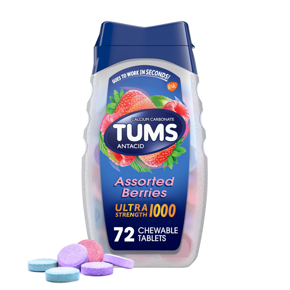 TUMS Ultra Strength chewable antacid bottle showing 72 tablets for fast heartburn relief