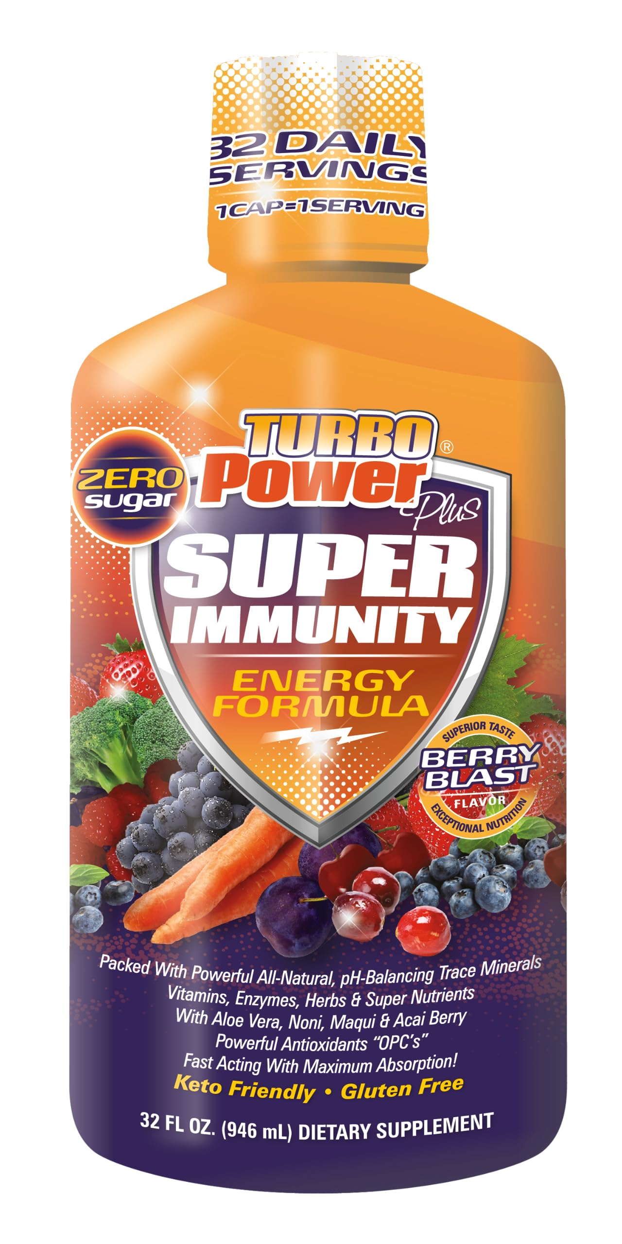 Turbo Power Liquid Vitamin Plus bottle with tropical branding suggesting steady energy