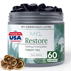 Front view of MYCL Restore Turkey Tail Gummies bottle