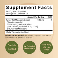 Two capsules showing 25:1 Turkey Tail extract, 600mg per serving