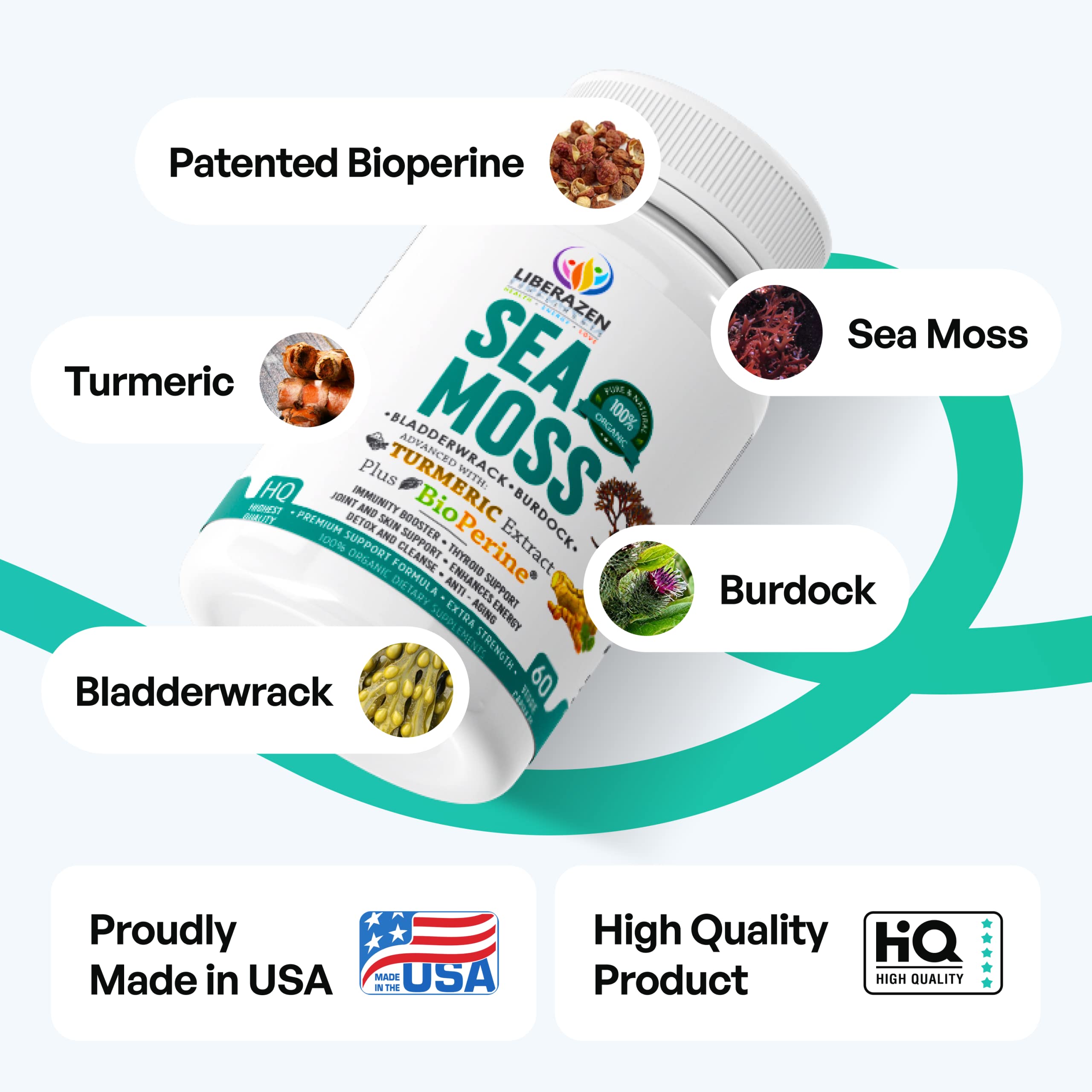Capsules containing turmeric, burdock, bladderwrack and black pepper