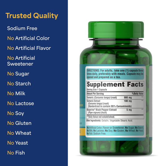 Capsule containing 1000 mg turmeric and 100 mg extract standardized to 95% curcuminoids