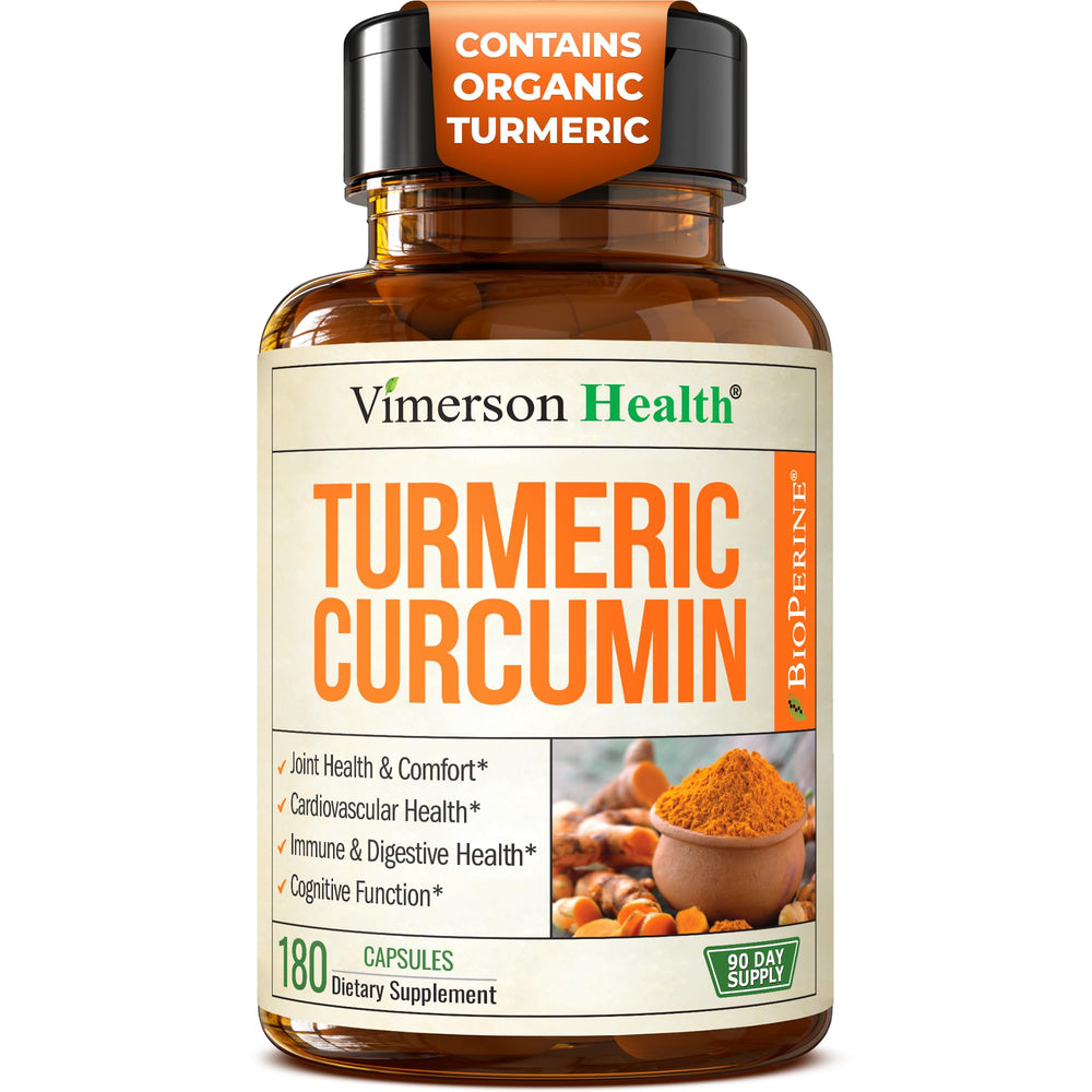 Front packaging of Turmeric Curcumin supplement with Black Pepper (180 vegan capsules)