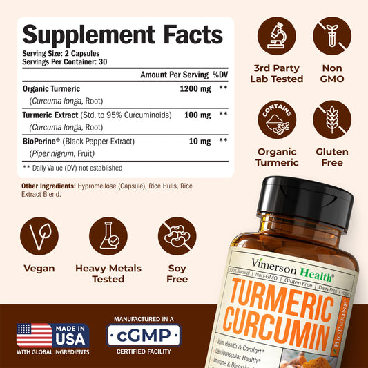 Vegan turmeric capsules (60-count) arranged on white background
