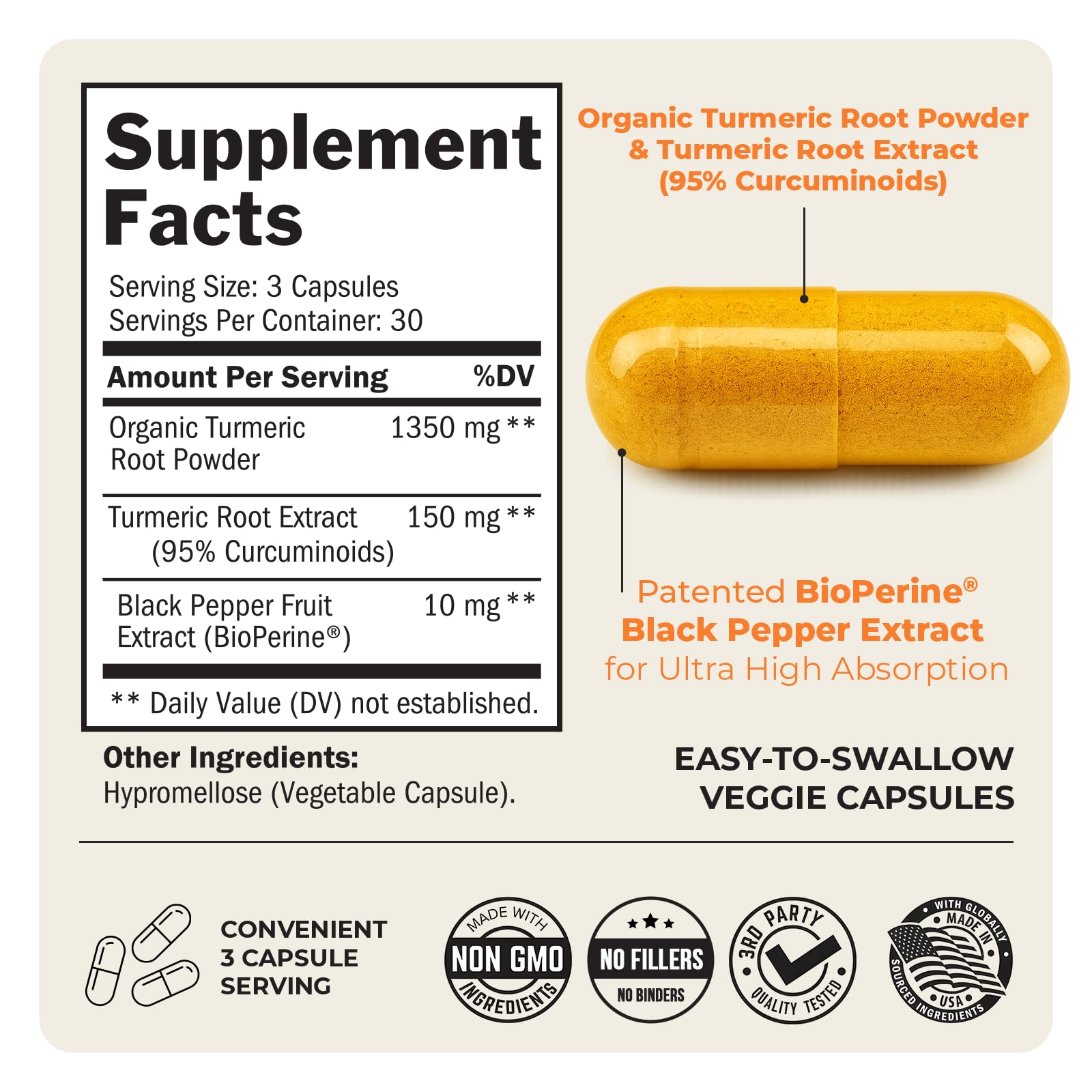 90 vegan capsules of turmeric curcumin with BioPerine