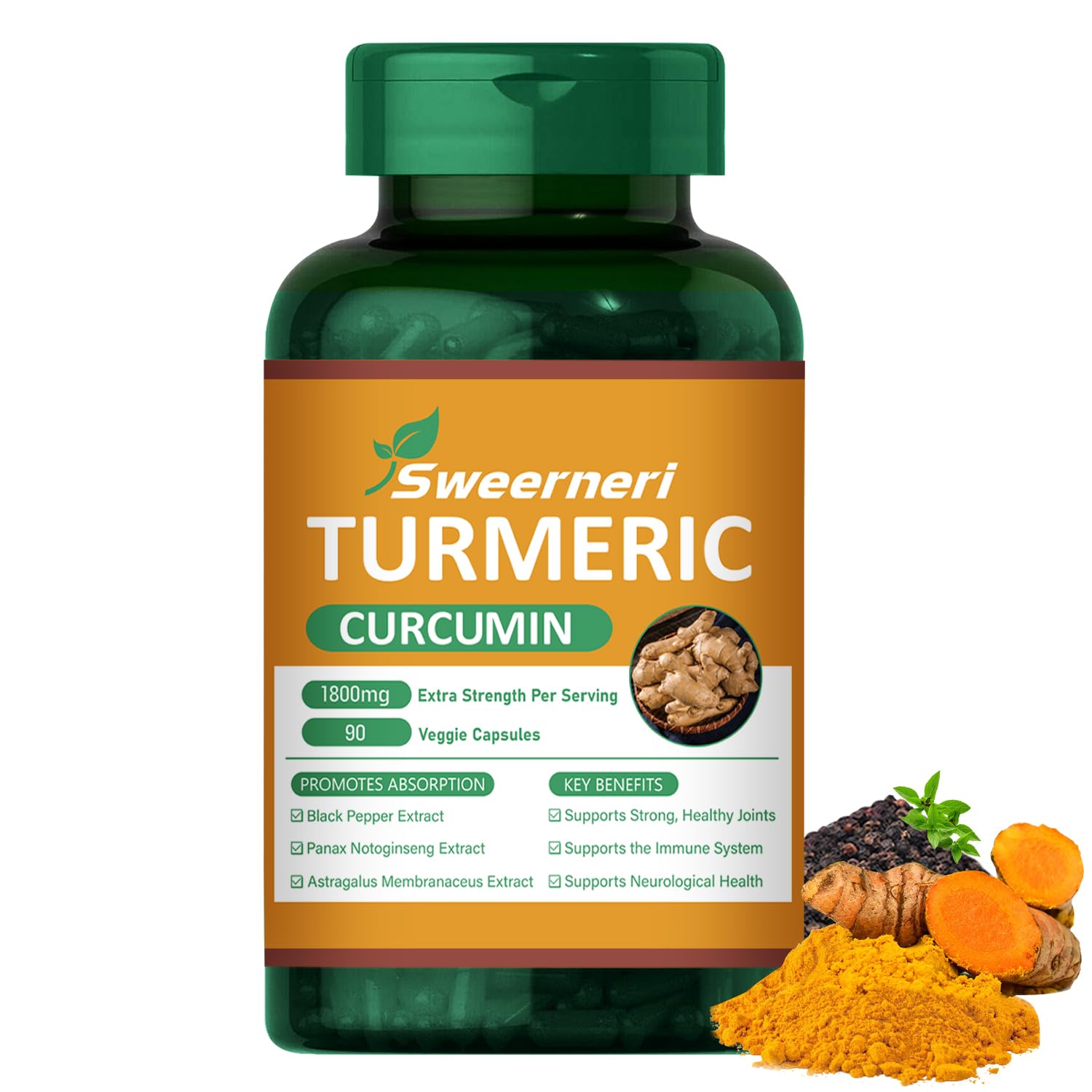 Hero image: Turmeric Curcumin 1800mg with 95% Curcuminoids and black pepper capsules