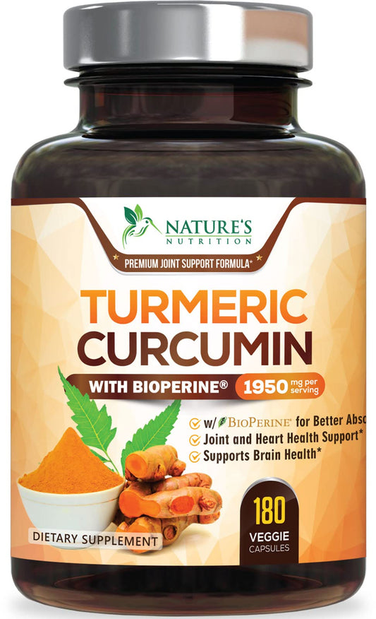 Front view of Turmeric Curcumin 1950mg bottle with BioPerine