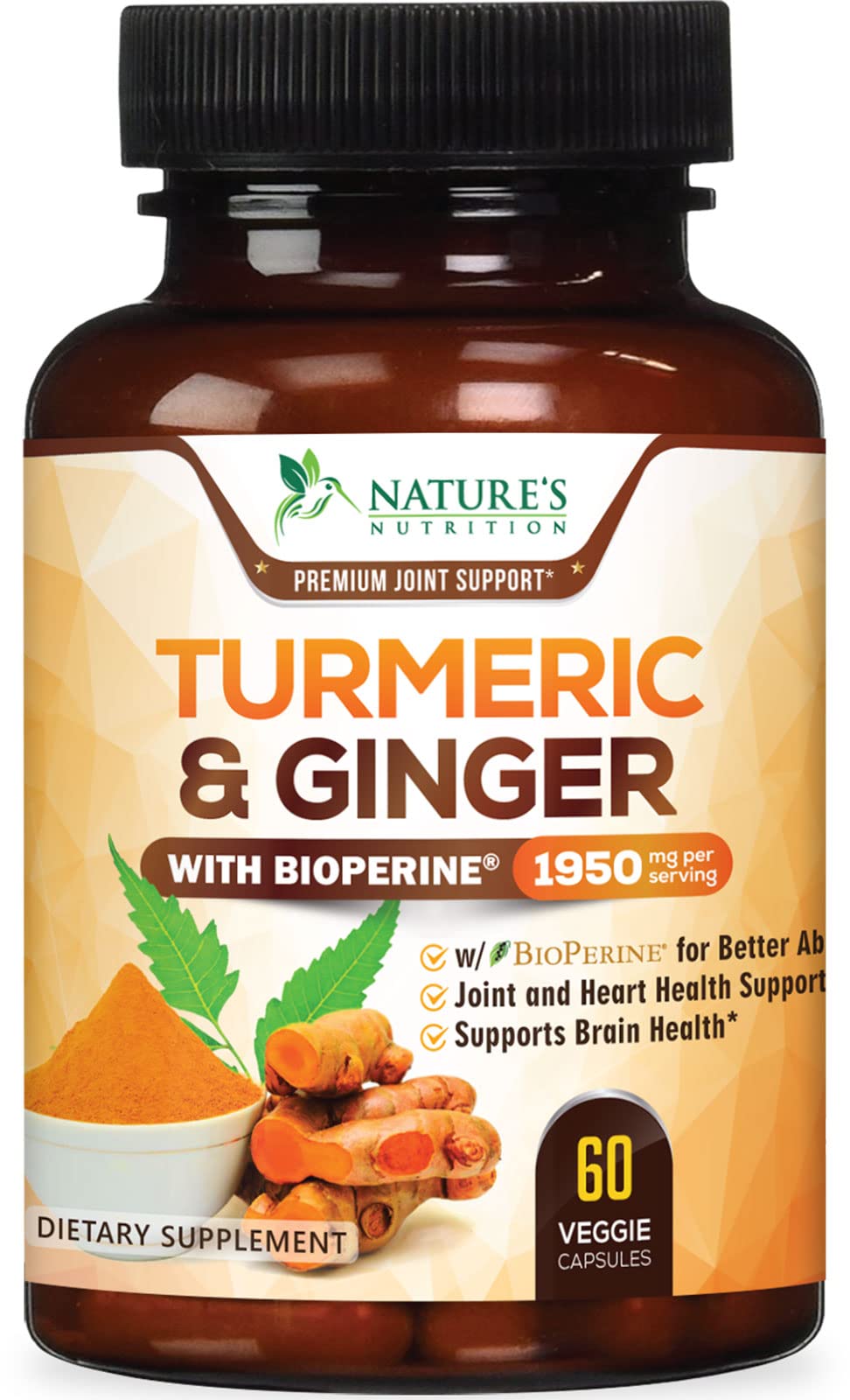 Front view of Turmeric Curcumin 1950mg 60 capsules bottle