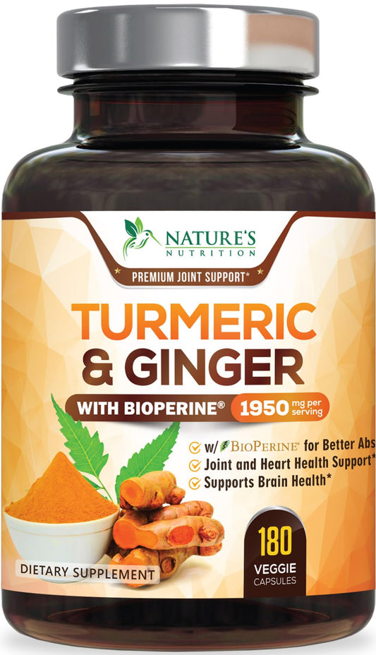 Turmeric Curcumin 1950mg with BioPerine and Ginger on a bottle label showing 95% curcuminoids