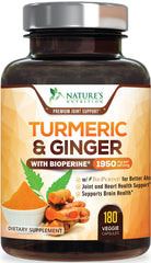 Turmeric Curcumin 1950mg with BioPerine and Ginger on a bottle label showing 95% curcuminoids