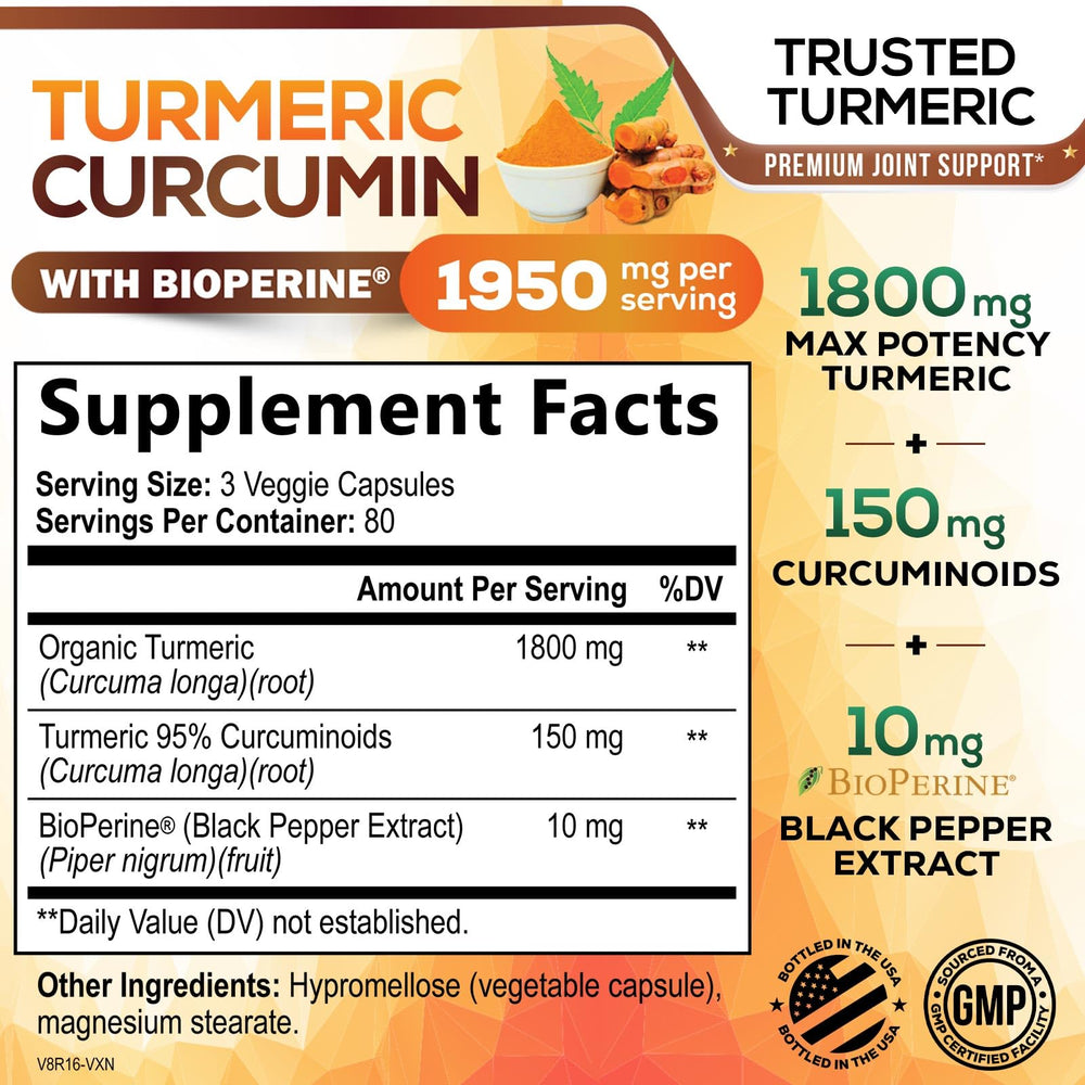 Close-up label showing Turmeric Curcumin 1950mg