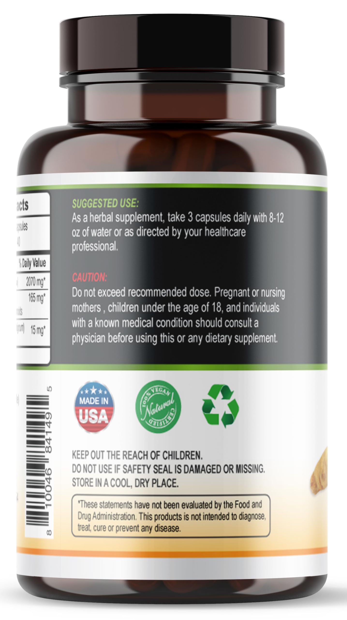 Label showing Turmeric Curcumin 2250mg with 95% standardized curcuminoids