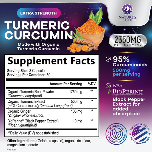Product label showing 2350mg turmeric and BioPerine with ginger