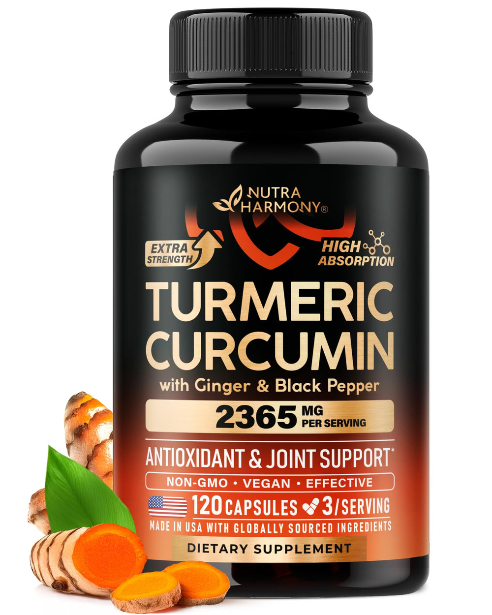 Front view of Turmeric Curcumin 2365mg with Ginger and Black Pepper capsules