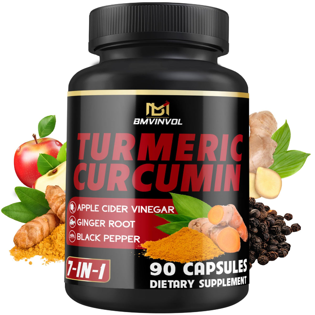 Front view of turmeric curcumin supplement bottle highlighting 95% curcuminoids