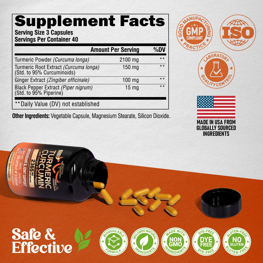 Label showing 95% curcuminoids within turmeric-curcumin blend