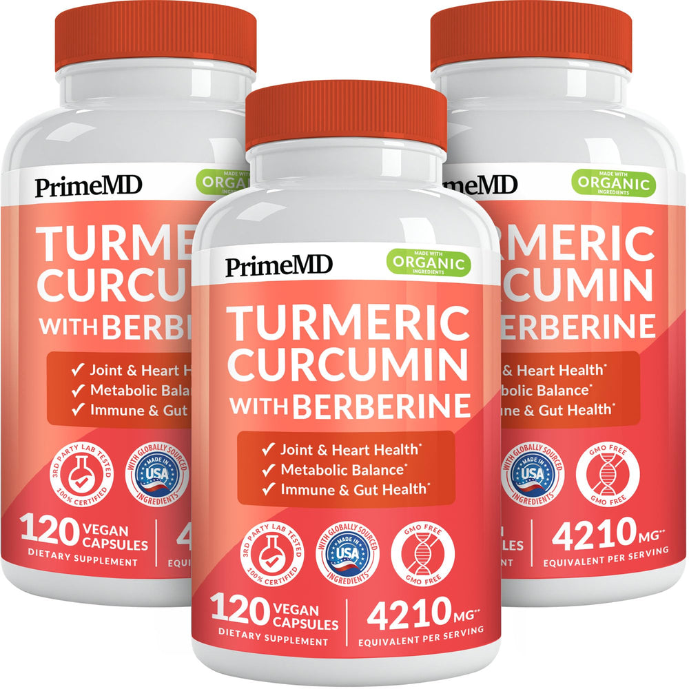 Bottle of 5-in-1 Organic Turmeric Curcumin with Berberine, Cinnamon, Bioperine and Ginger for Joint and Heart Support