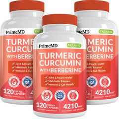 Bottle of 5-in-1 Organic Turmeric Curcumin with Berberine, Cinnamon, Bioperine and Ginger for Joint and Heart Support