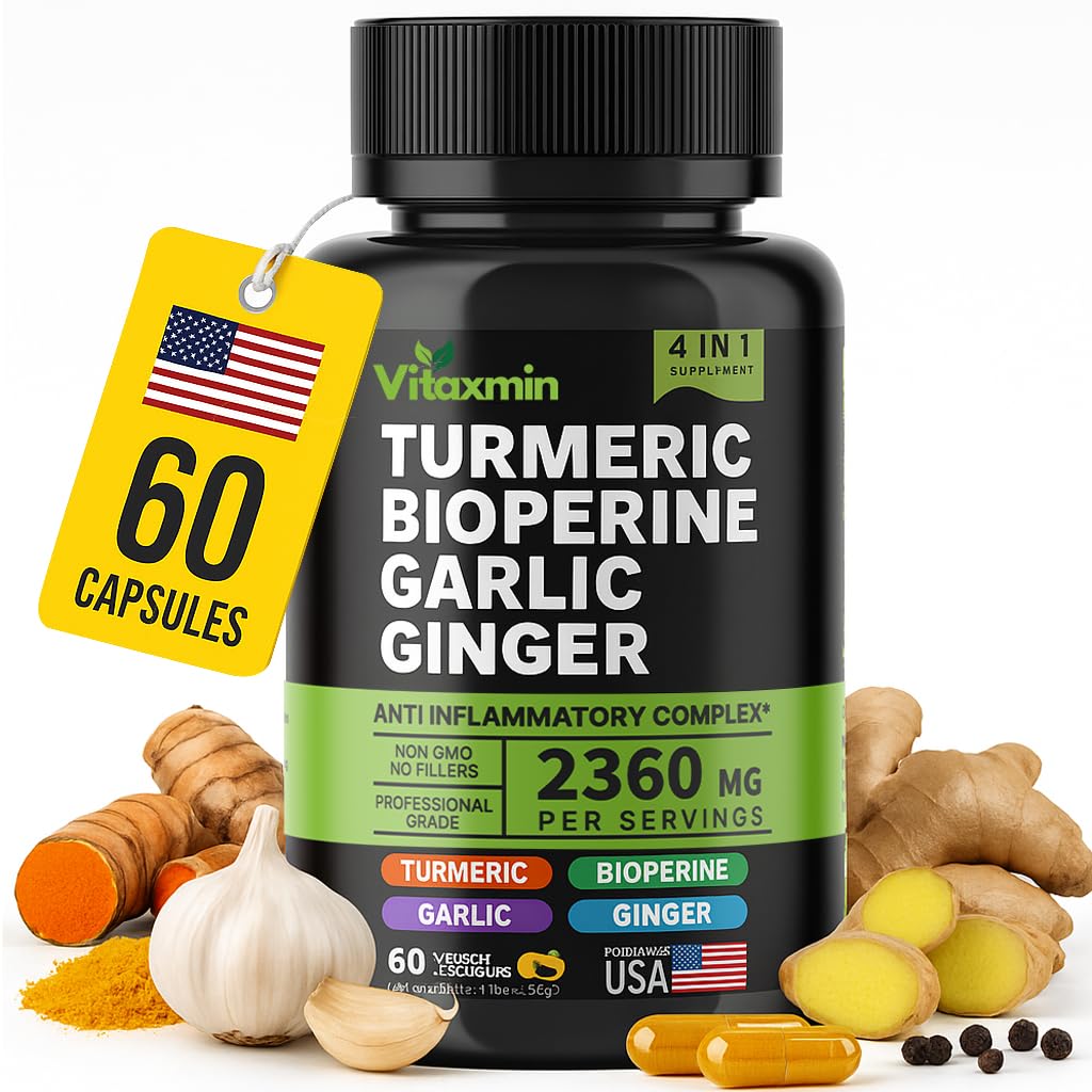 Turmeric curcumin supplement bottle with BioPerine and garlic