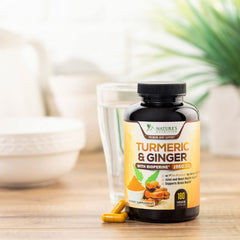 Turmeric curcumin bottle with capsules and packaging