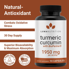 Turmeric Curcumin capsules with a peek inside the bottle