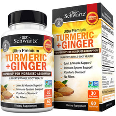 Front view of Turmeric Curcumin and Ginger supplement bottle