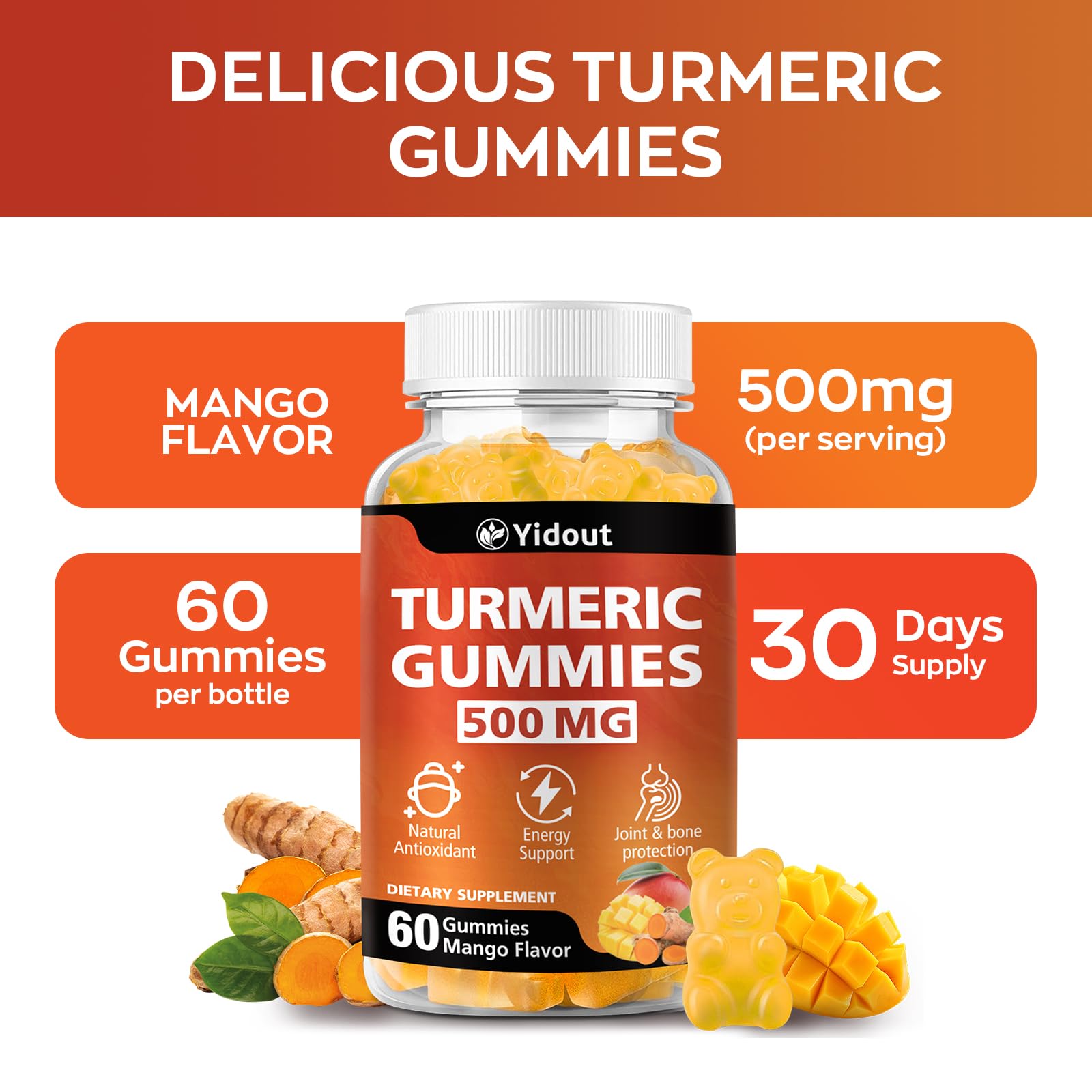 Mango-flavored gummies in a clear container