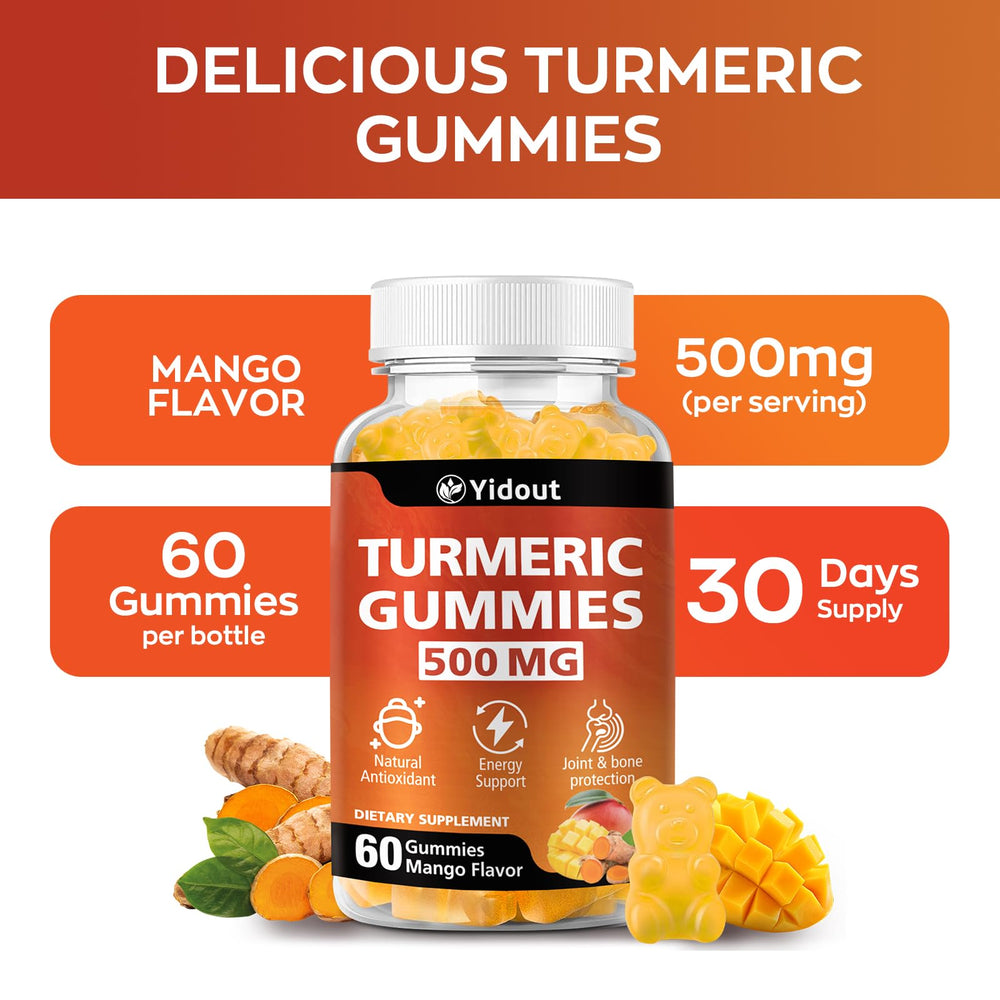 Mango-flavored gummies in a clear container