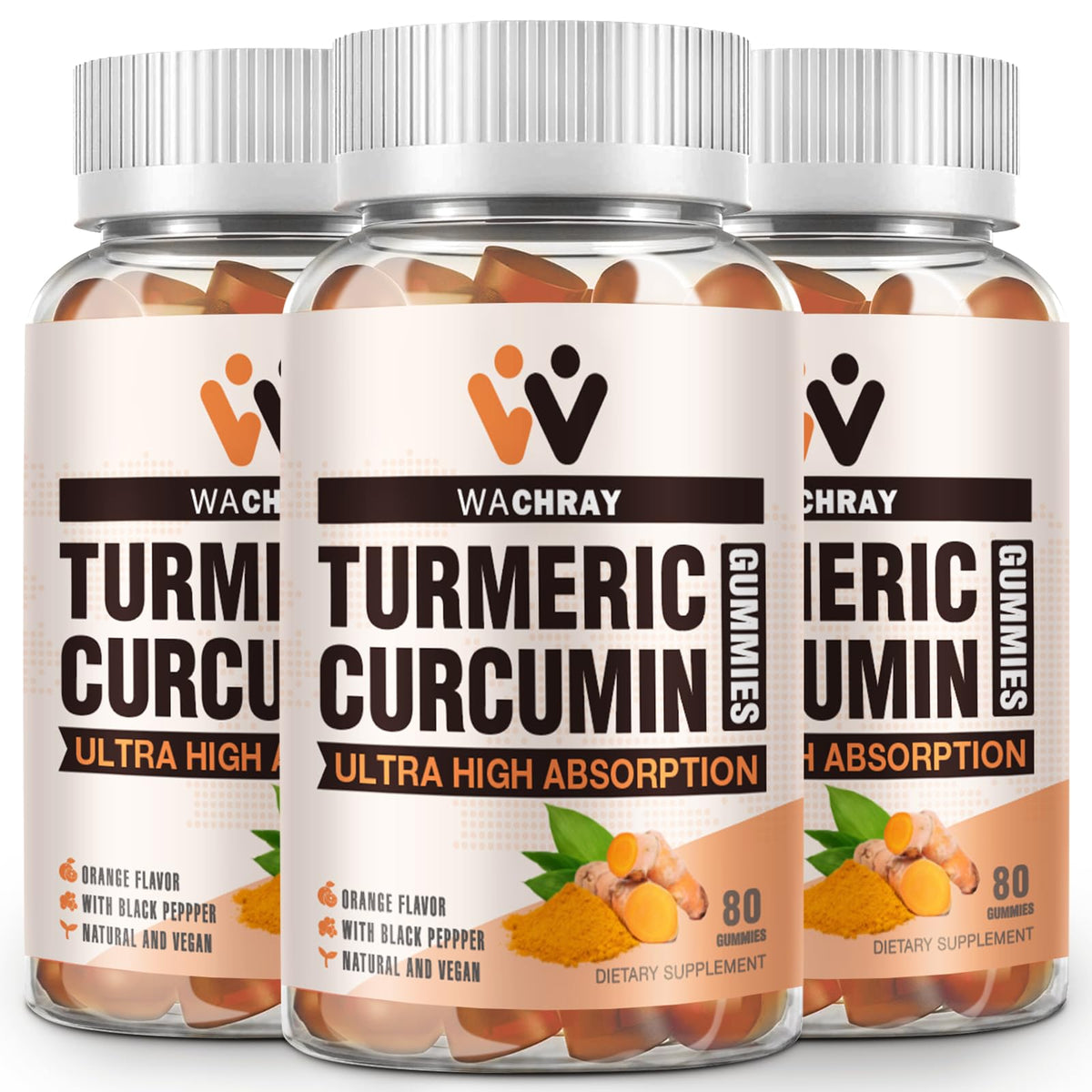 3-pack Turmeric Curcumin Gummies with Ginger and Black Pepper front view