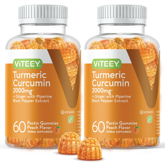 Front view of Turmeric Curcumin Gummies Peach 2-pack bottle with 120 gummies