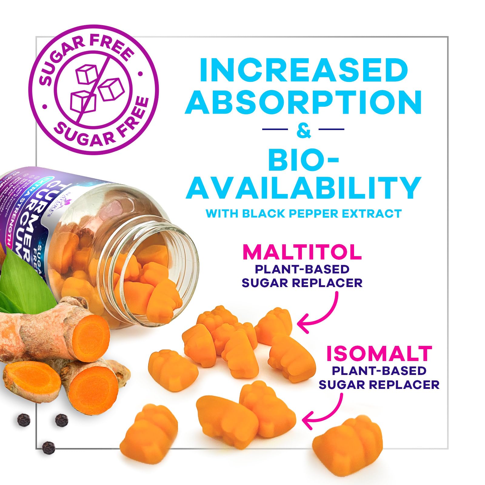 Peach-flavored turmeric curcumin gummies in bottle