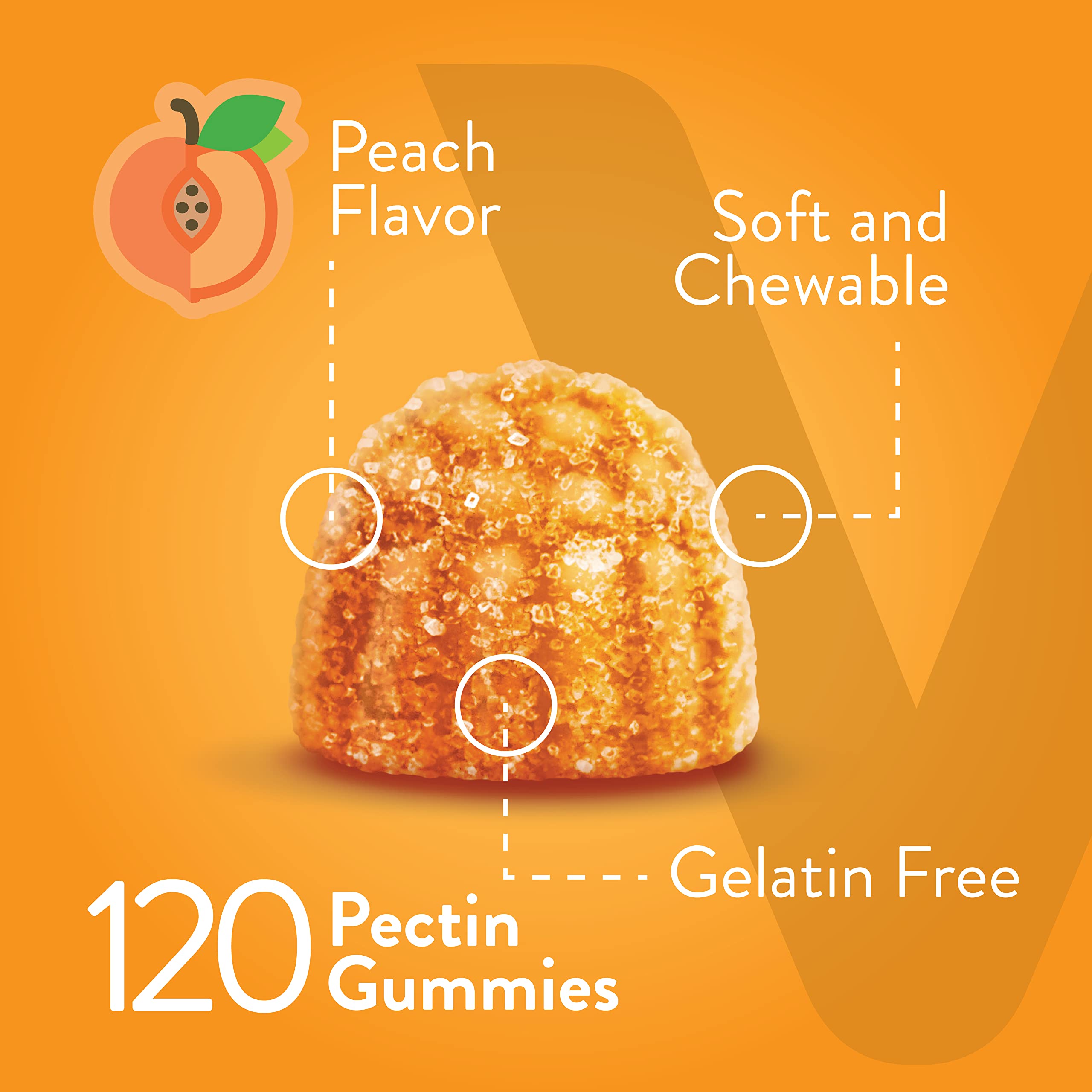 Close-up of peach gummies with visible ginger and pepper components