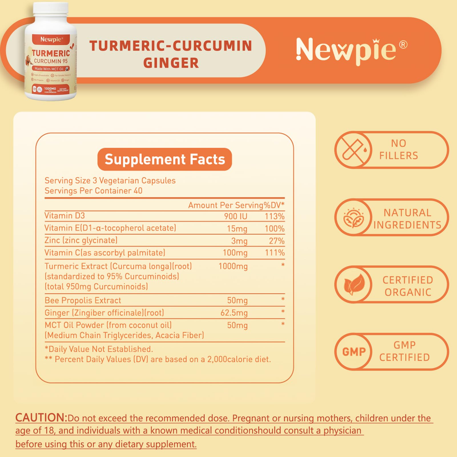 Close-up of 120 turmeric capsules