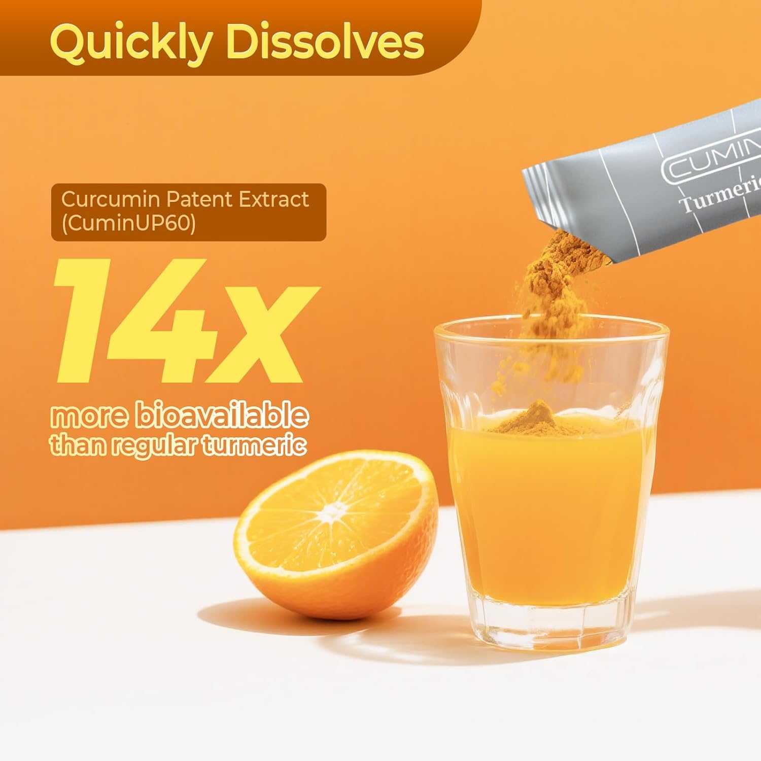 Close-up of turmeric curcumin powder packets