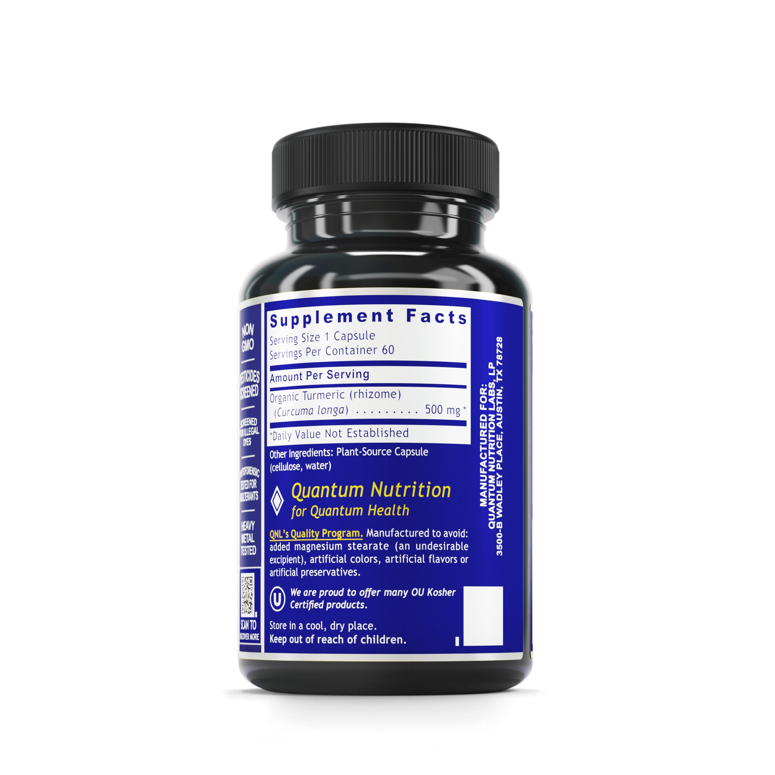Turmeric curcumin supplement bottle showing 500 mg per capsule