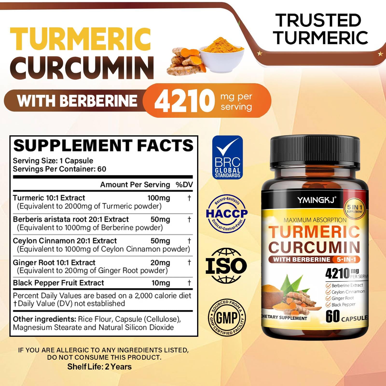Close-up of Turmeric Curcumin bottle label showing 60 capsules
