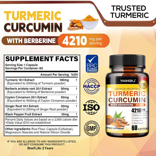 Close-up of Turmeric Curcumin bottle label showing 60 capsules